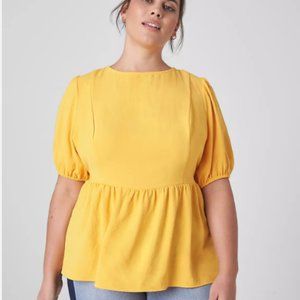 Lane Bryant Artisan Gold Puff Sleeve Tie-Back Peplum Blouse